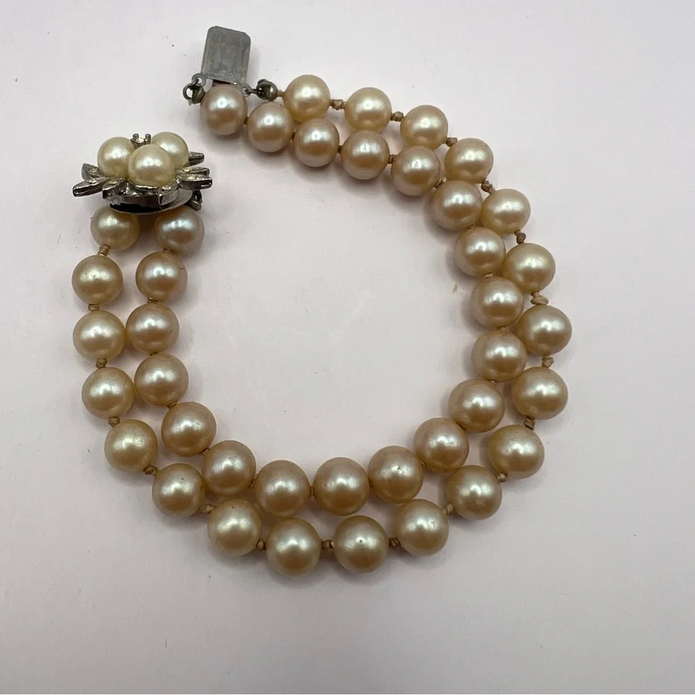 Champagne Iridescent Two Strand Faux Pearl Bracelet w/ Floral Clasp